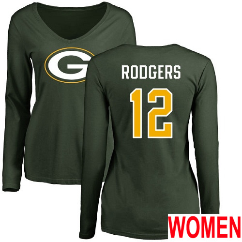 Green Bay Packers Green Women 12 Rodgers Aaron Name And Number Logo Nike NFL Long Sleeve T Shirt